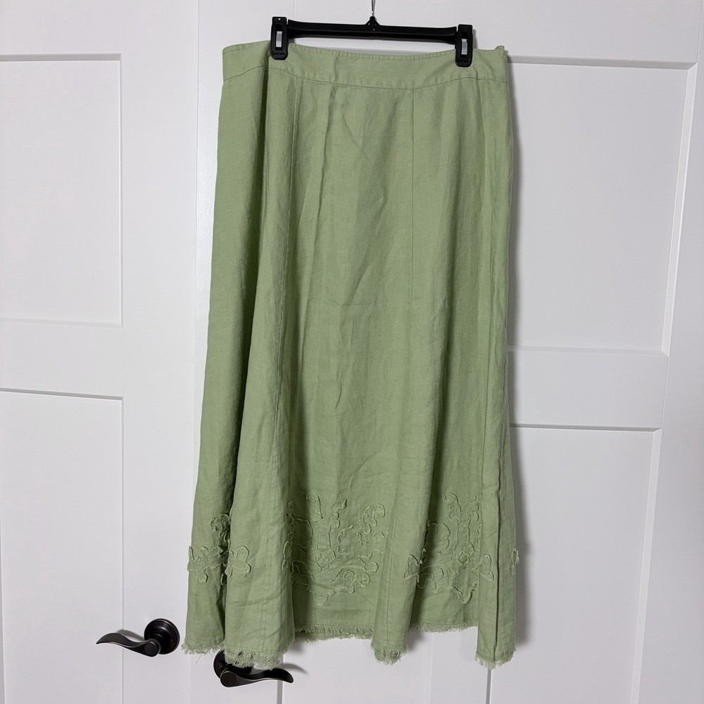 soft surroundings xl maxi bodrum beach 100% linen skirt green floral embroidery